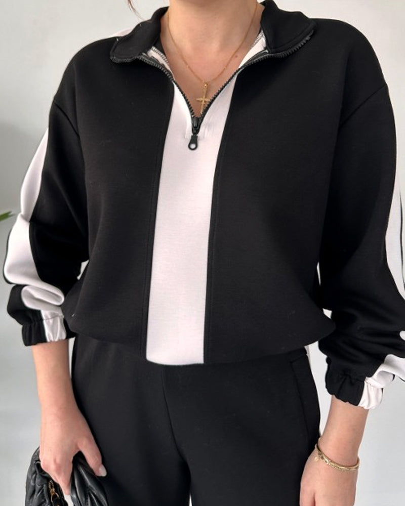 Tarren | Casual kleurcontrast trui met kwart rits & broek set