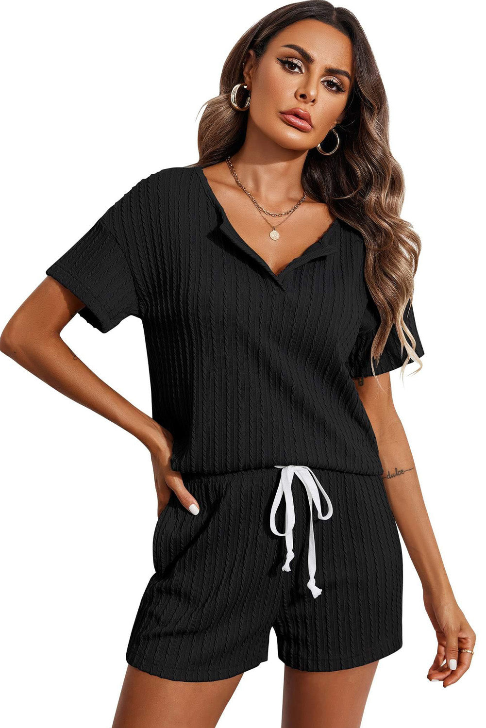 Kornelia | Jacquard V Neck Tee and Drawstring Shorts Set
