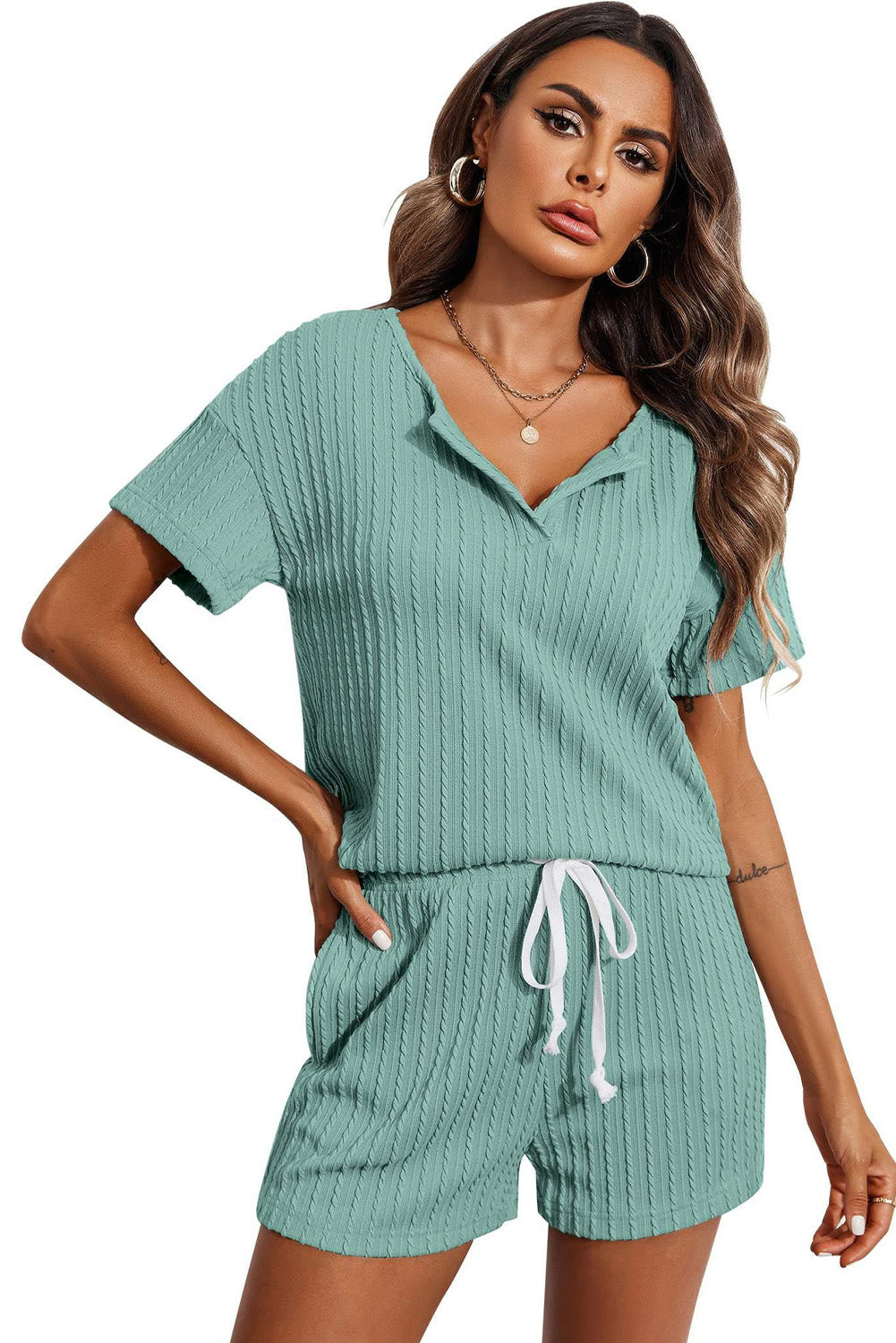 Kornelia | Jacquard V Neck Tee and Drawstring Shorts Set