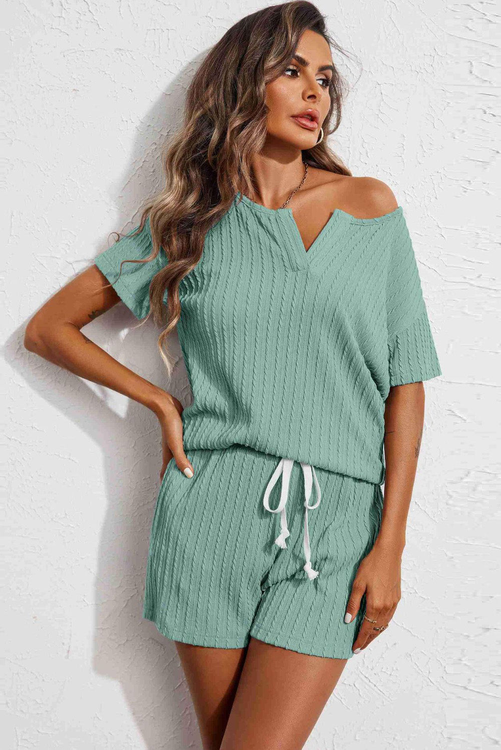 Kornelia | Jacquard V Neck Tee and Drawstring Shorts Set