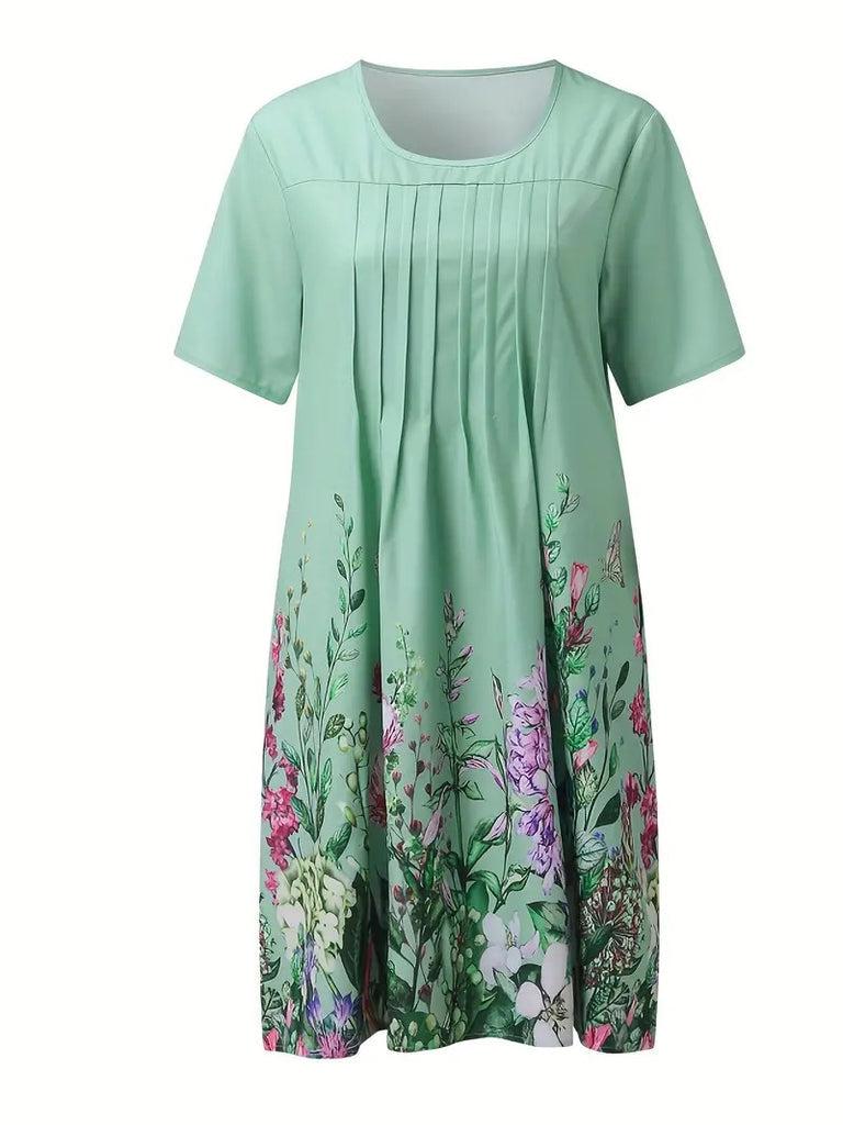 Groene Midi-Jurk met Korte Mouwen en Ronde Hals
