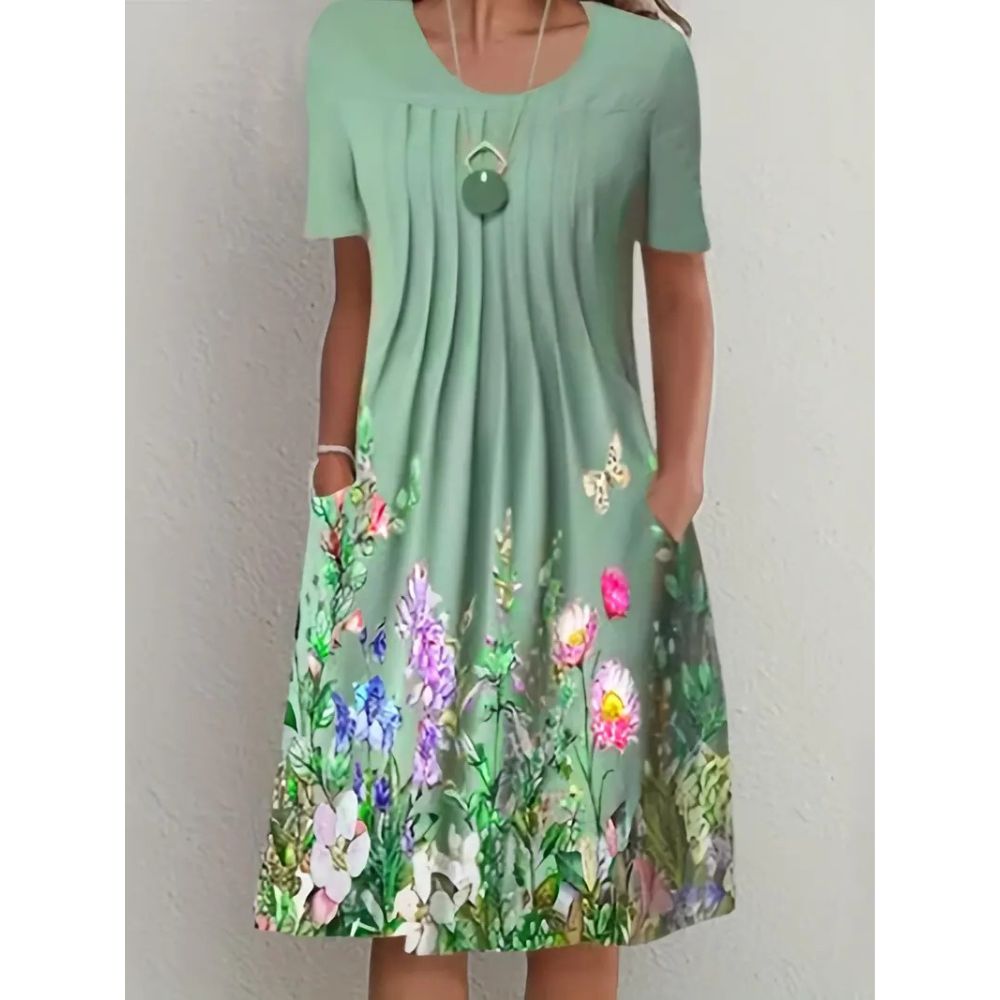 Groene Midi-Jurk met Korte Mouwen en Ronde Hals