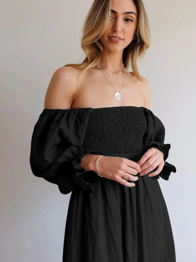 Elegante Tailleband-Ruffel-Lantaarn Mouwen Jurk