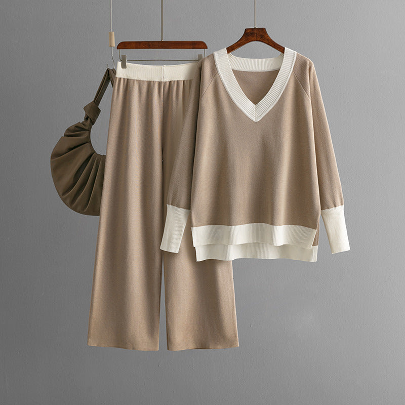 Luise | Casual gebreide V-hals contrasterende top & broek set