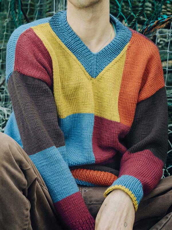 Lysander | Kleurrijke casual patchwork V-hals trui