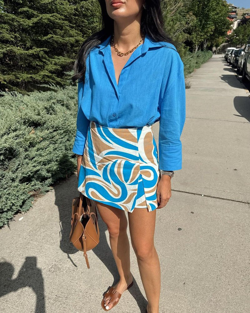 Aerith | Blauw overhemd en korte set met print