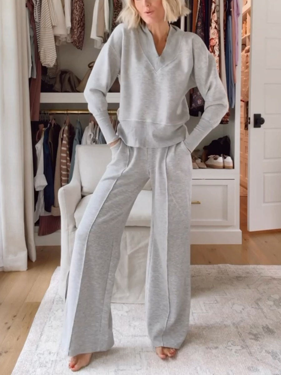 Ninette | Sportieve v-hals trui en wijde broek set