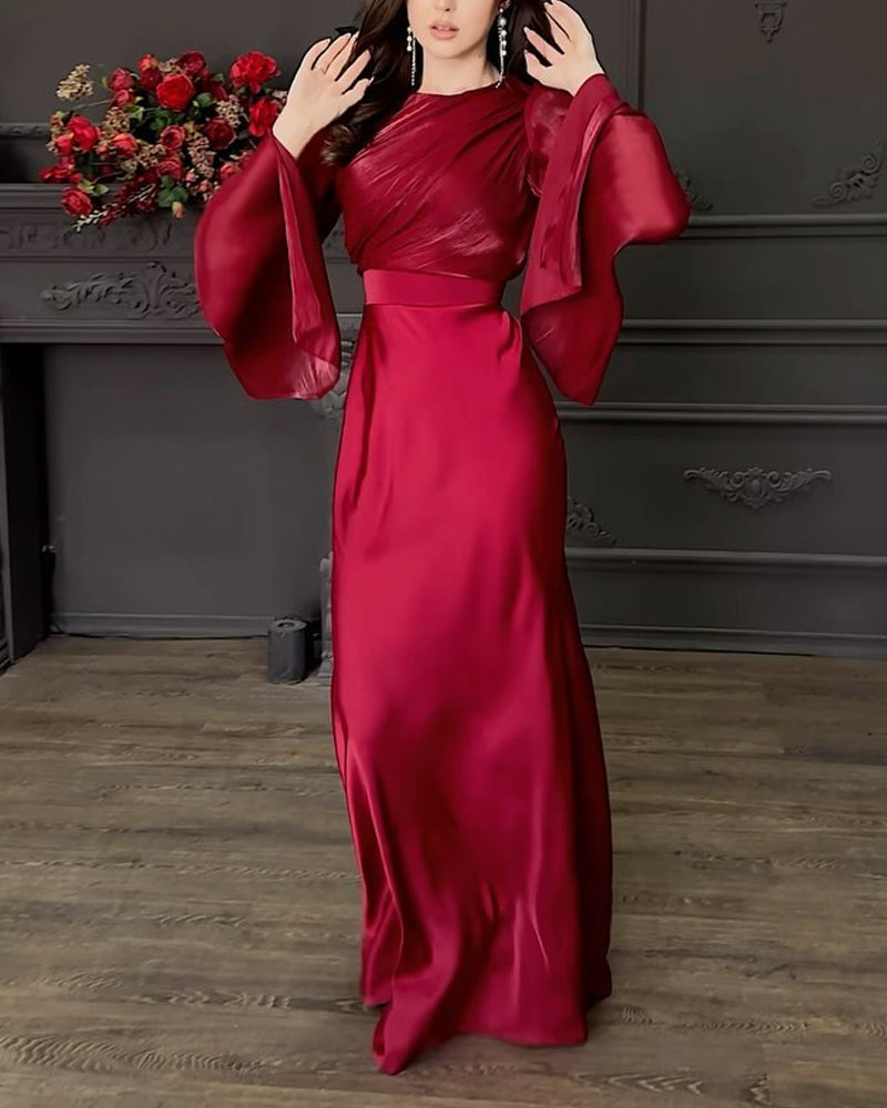 Arlene | Elegante satijnen split met lange mouwen, top en lange rok, tweedelige set