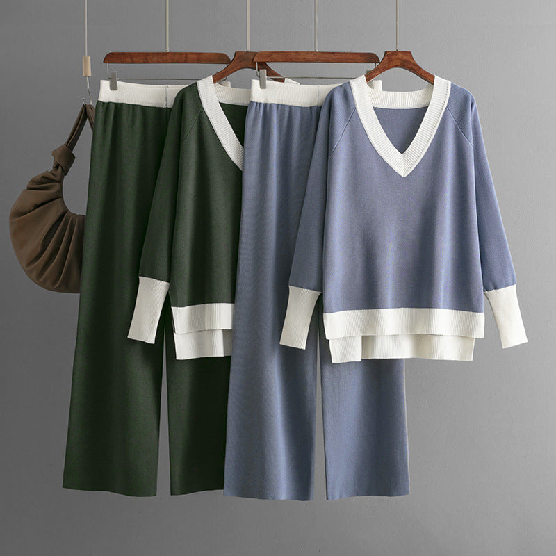 Luise | Casual gebreide V-hals contrasterende top & broek set