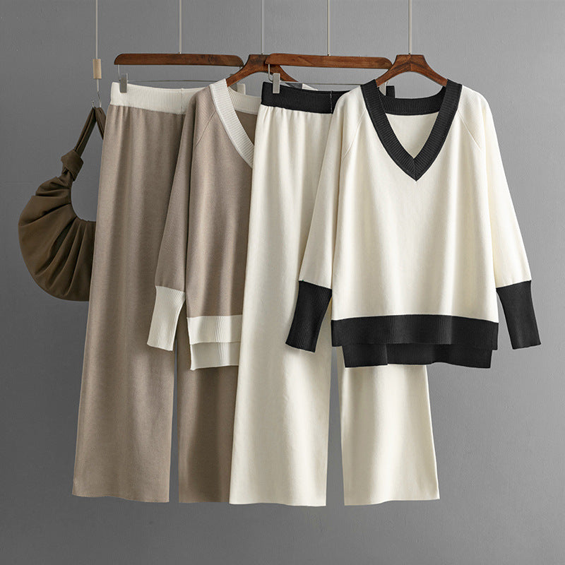 Luise | Casual gebreide V-hals contrasterende top & broek set