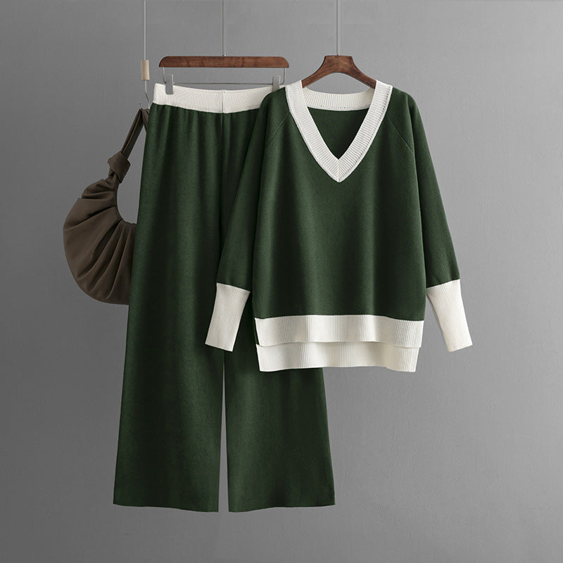 Luise | Casual gebreide V-hals contrasterende top & broek set
