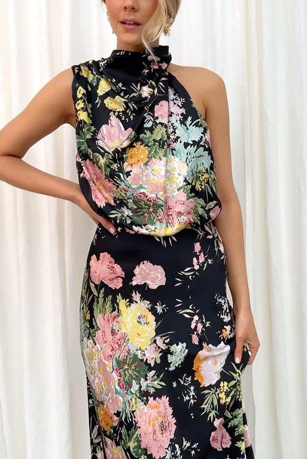 Bloemen Halternek Elastische Taille Midi Feestjurk