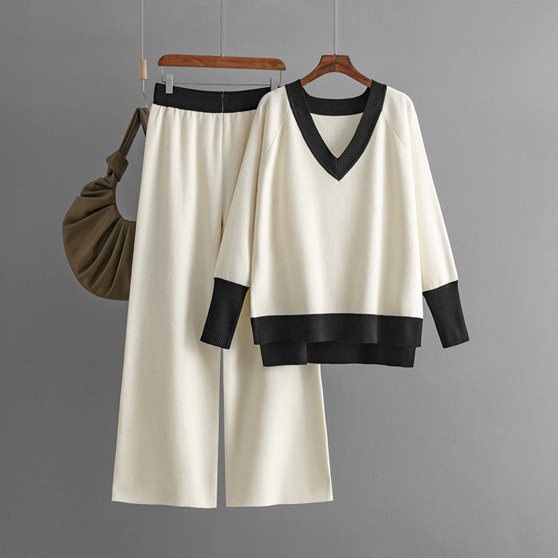 Luise | Casual gebreide V-hals contrasterende top & broek set