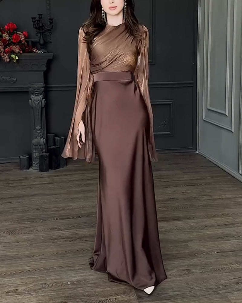 Arlene | Elegante satijnen split met lange mouwen, top en lange rok, tweedelige set