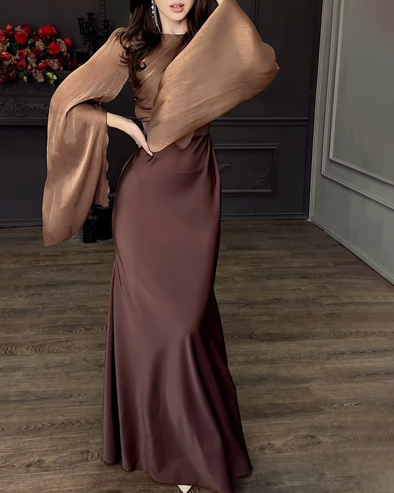 Arlene | Elegante satijnen split met lange mouwen, top en lange rok, tweedelige set