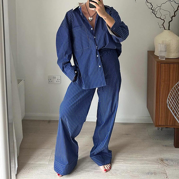 Olympia | Stijlvol blauw gestreept overhemd met lange mouwen en broek Set