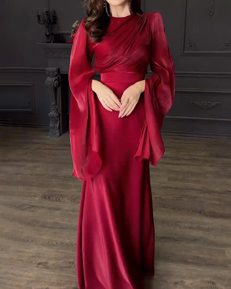 Arlene | Elegante satijnen split met lange mouwen, top en lange rok, tweedelige set