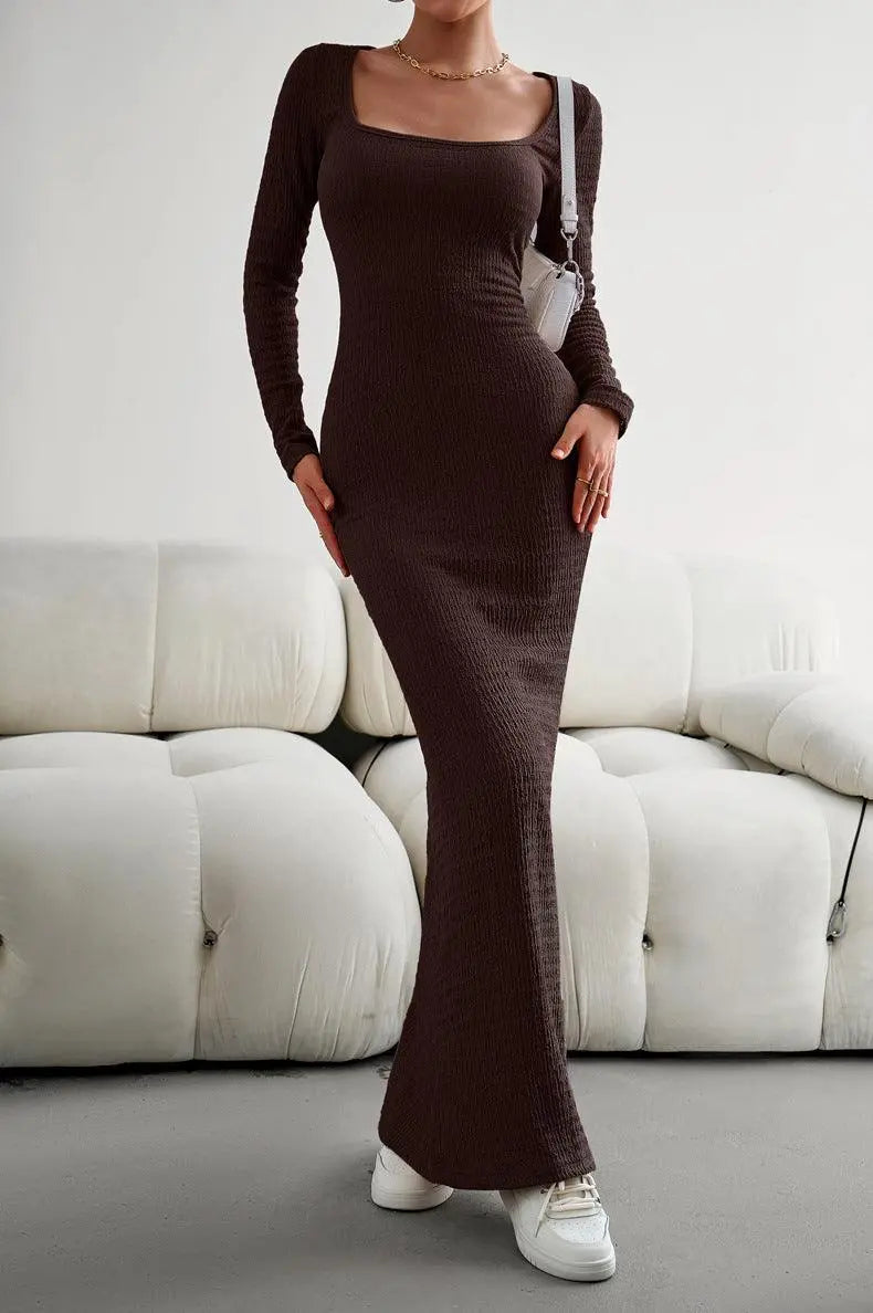 Lange Mouwen Vierkante Hals Maxi Bodycon Jurk