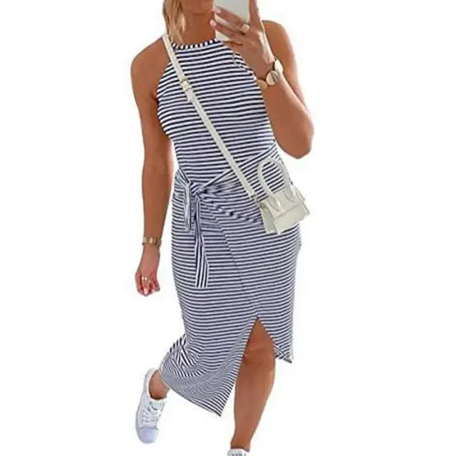 Casual Mouwloze Gestreepte Midi Jurk