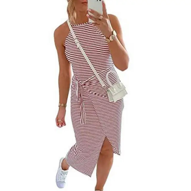 Casual Mouwloze Gestreepte Midi Jurk