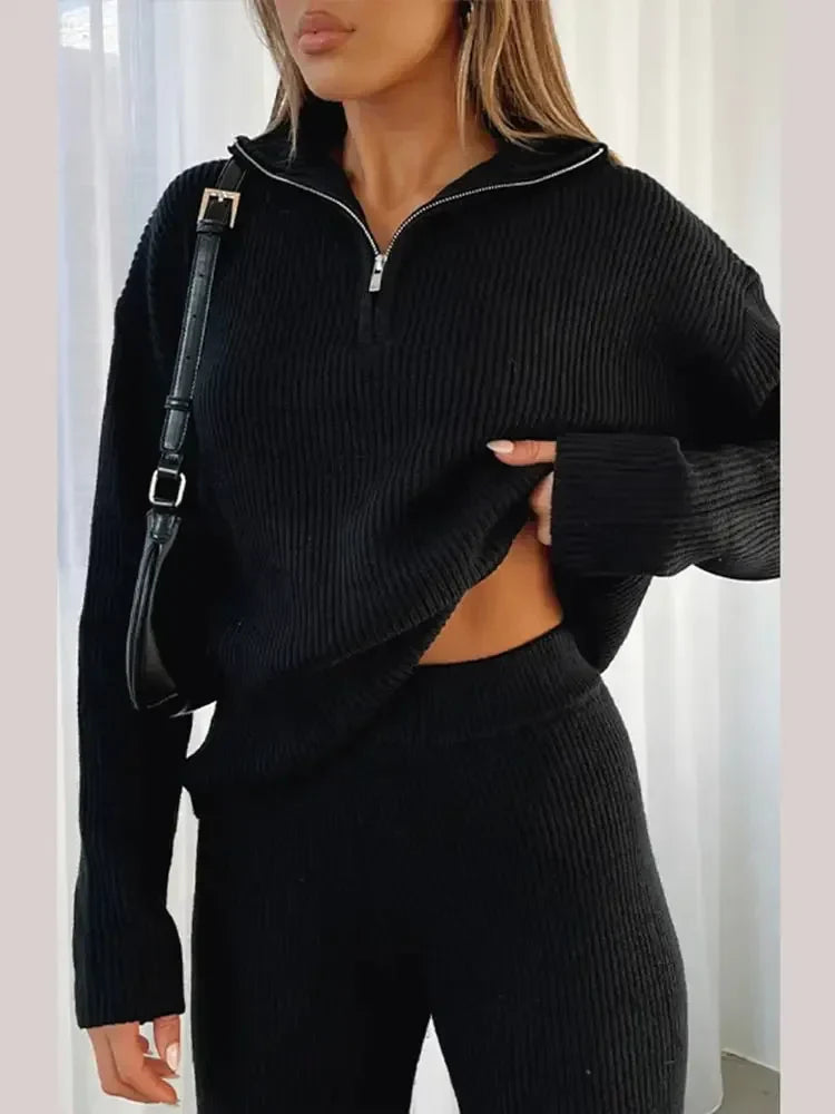 Enrica | Knusse gebreide half-rits top en broek set