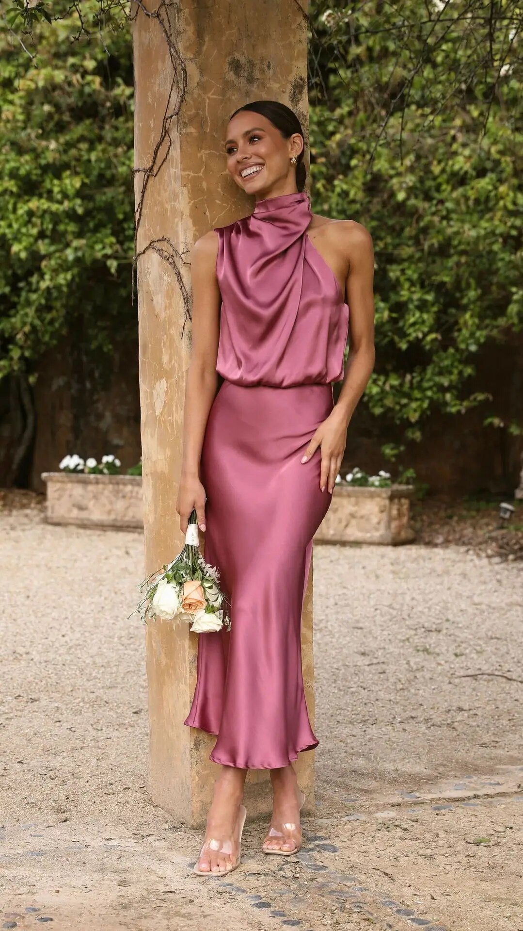 Maxi Jurk met Elastische Taille en Satijnen Draperie bij de Hals
