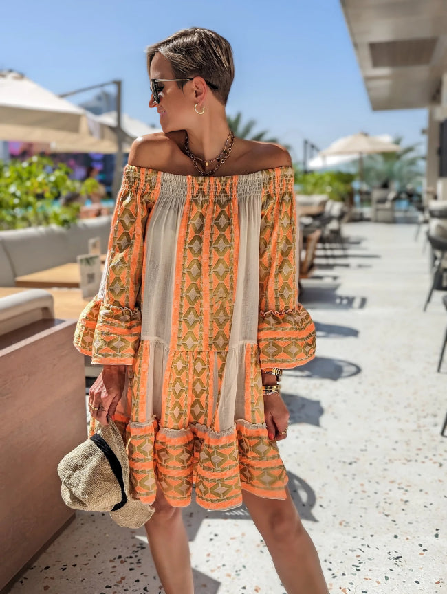 Mini Jurk met Etnische Print en Off-Shoulder
