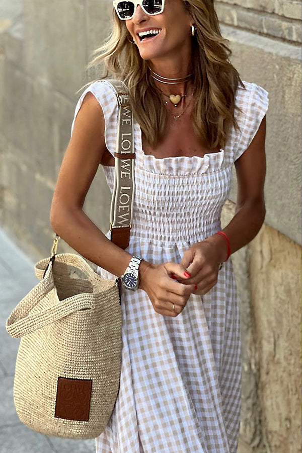 Multi Plaid Gesmokte Buste Maxi Jurk