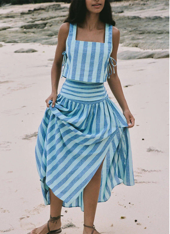 Jaya | Blauwe Streep A-lijn Swing Tweedelige Set