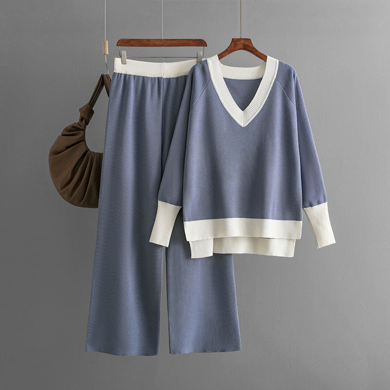 Luise | Casual gebreide V-hals contrasterende top & broek set