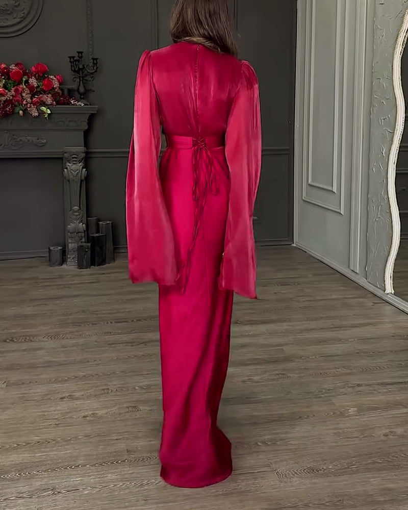 Arlene | Elegante satijnen split met lange mouwen, top en lange rok, tweedelige set
