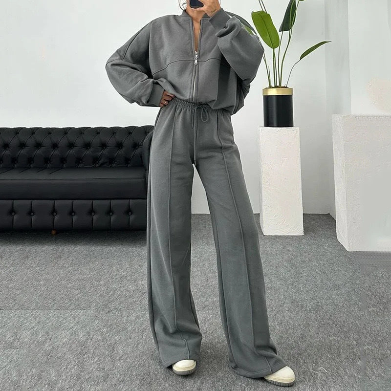 Ambry | Trendy Sweatshirt Jas & Rechte Broek Set