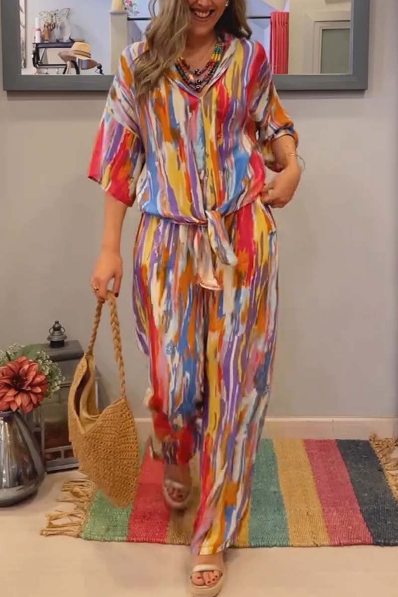 Emina | Casual gestreepte kanten top en broek set