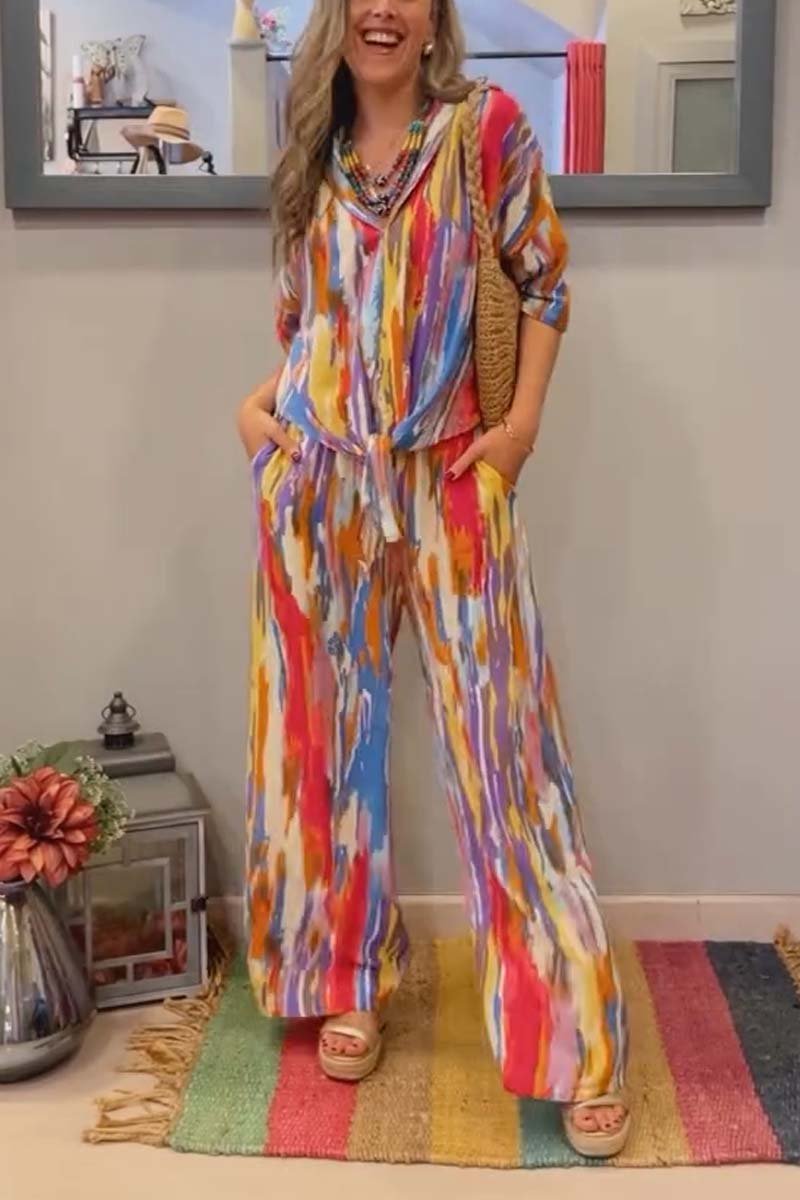 Emina | Casual gestreepte kanten top en broek set