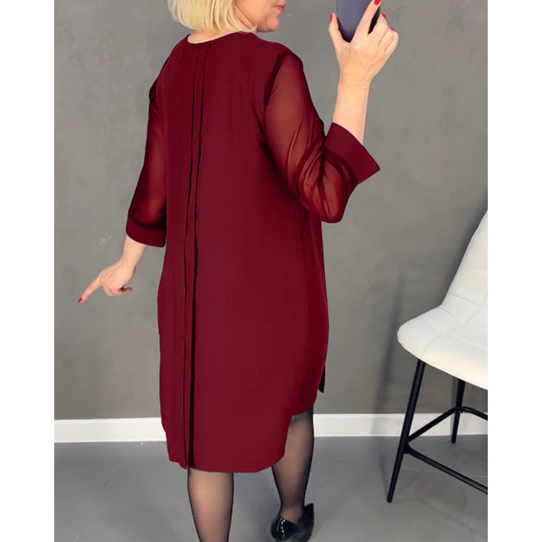 Geplooide Jurk in Effen Kleur Gepatcht Mesh