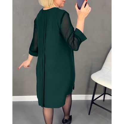 Geplooide Jurk in Effen Kleur Gepatcht Mesh