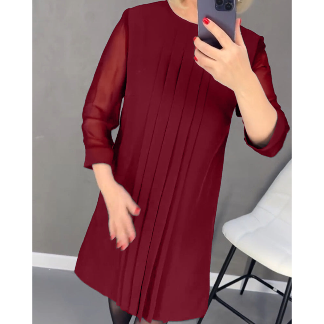 Geplooide Jurk in Effen Kleur Gepatcht Mesh