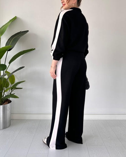 Tarren | Casual kleurcontrast trui met kwart rits & broek set