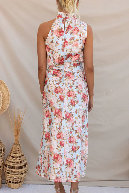 Bloemen Halternek Elastische Taille Midi Feestjurk