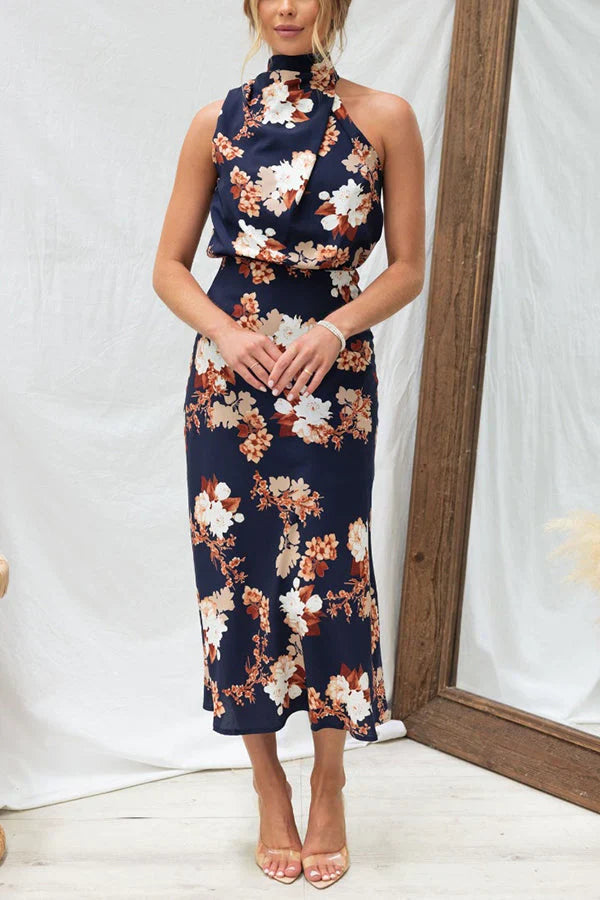 Bloemen Halternek Elastische Taille Midi Feestjurk