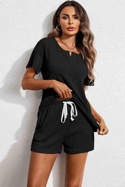 Kornelia | Jacquard V Neck Tee and Drawstring Shorts Set
