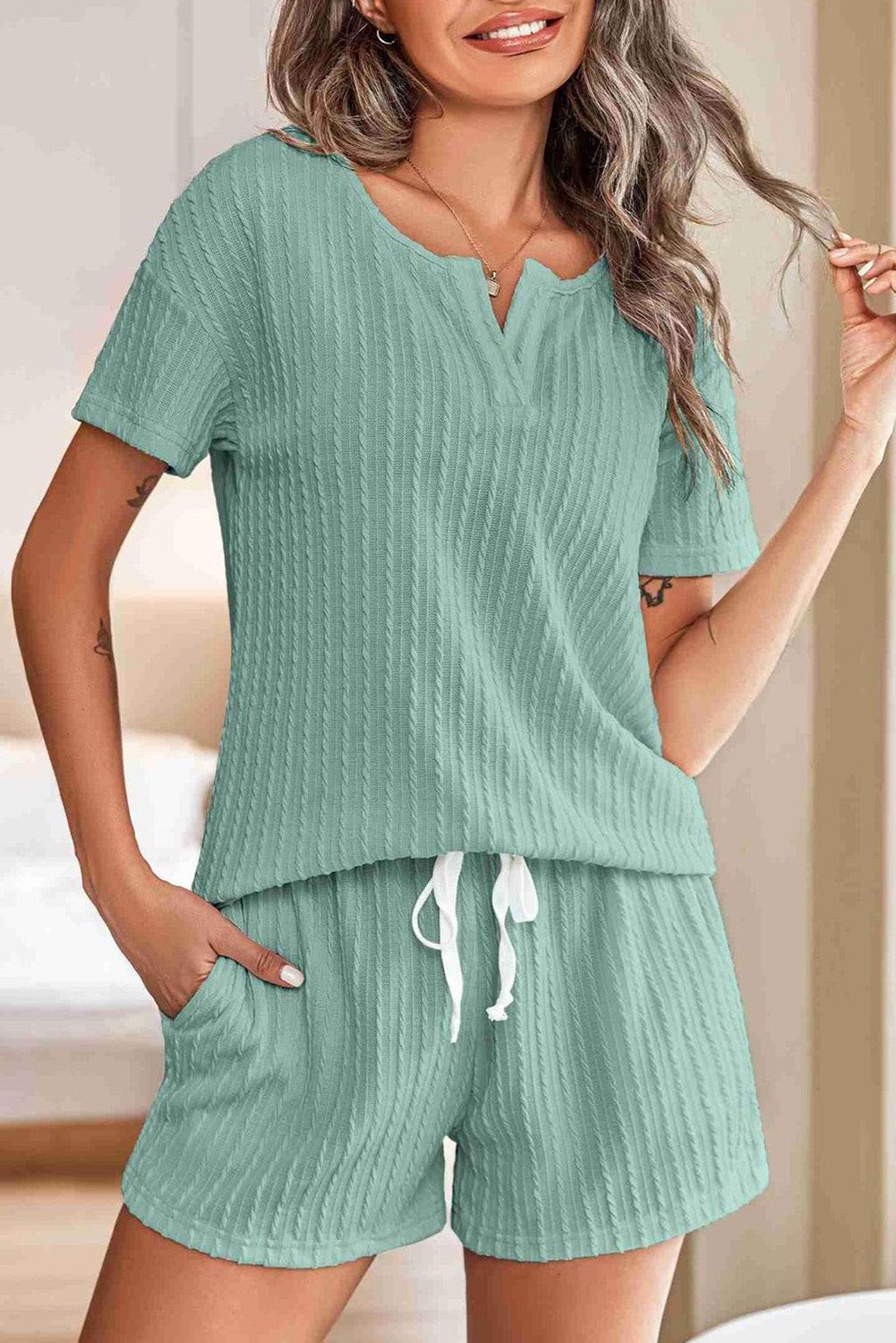 Kornelia | Jacquard V Neck Tee and Drawstring Shorts Set