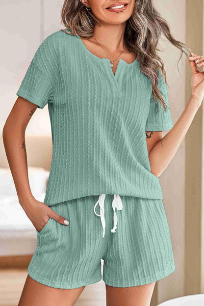 Kornelia | Jacquard V Neck Tee and Drawstring Shorts Set