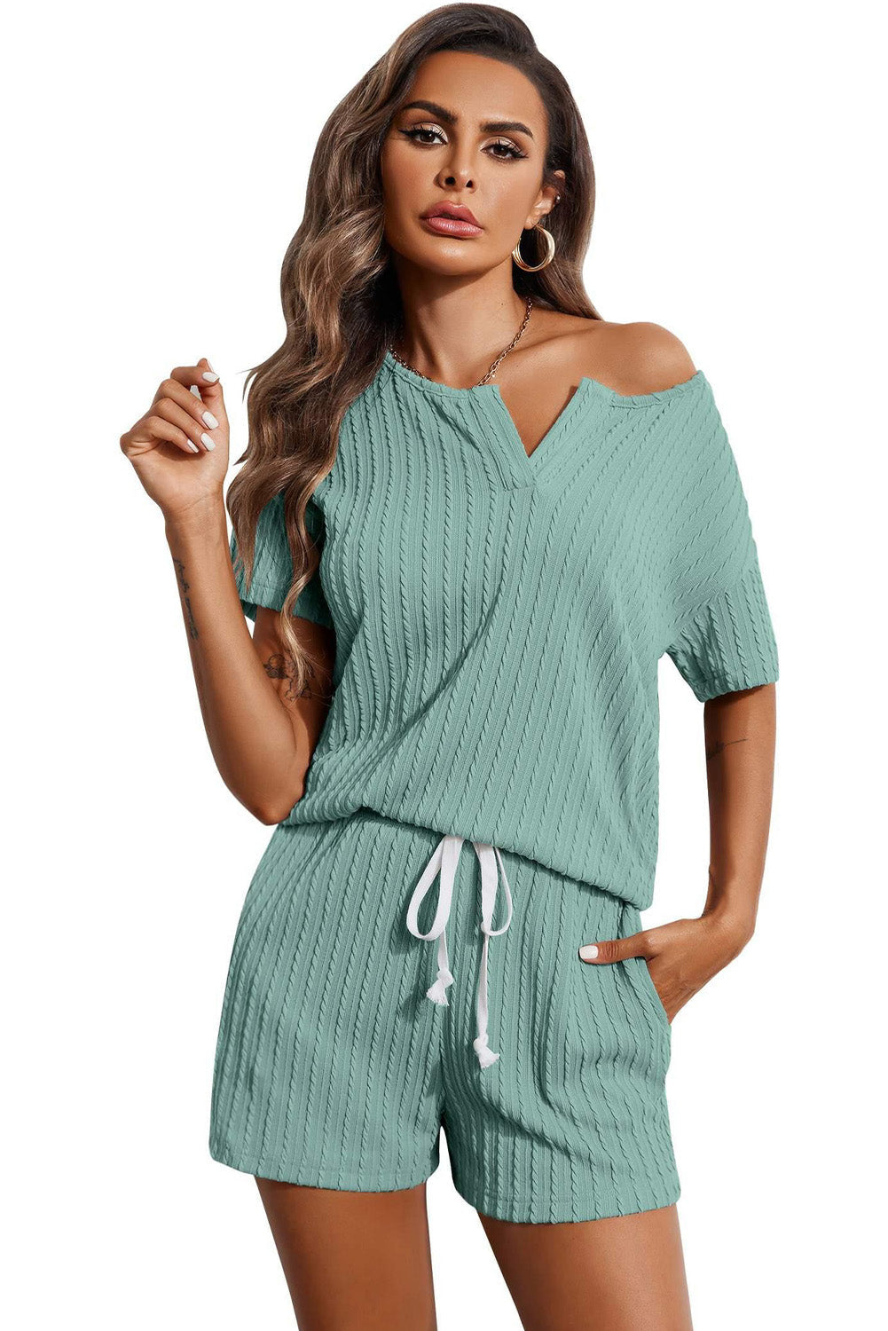 Kornelia | Jacquard V Neck Tee and Drawstring Shorts Set