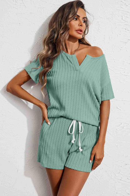 Kornelia | Jacquard V Neck Tee and Drawstring Shorts Set