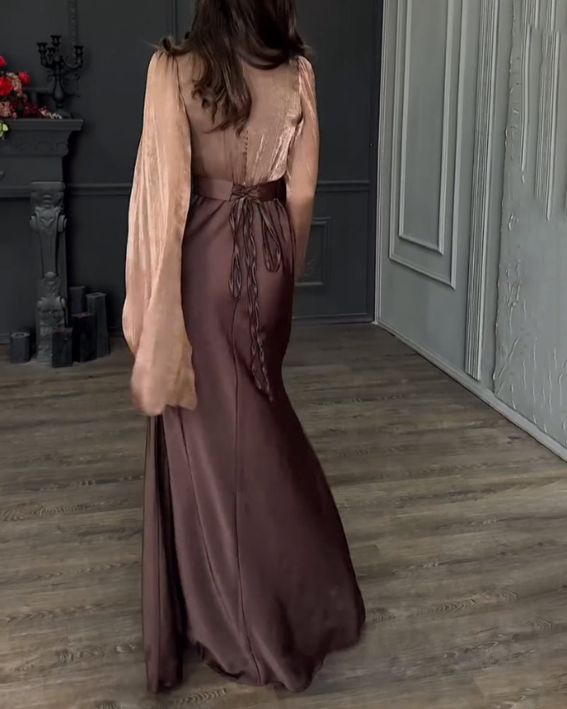 Arlene | Elegante satijnen split met lange mouwen, top en lange rok, tweedelige set