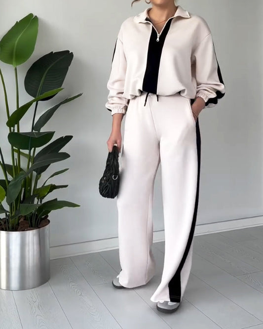 Tarren | Casual kleurcontrast trui met kwart rits & broek set