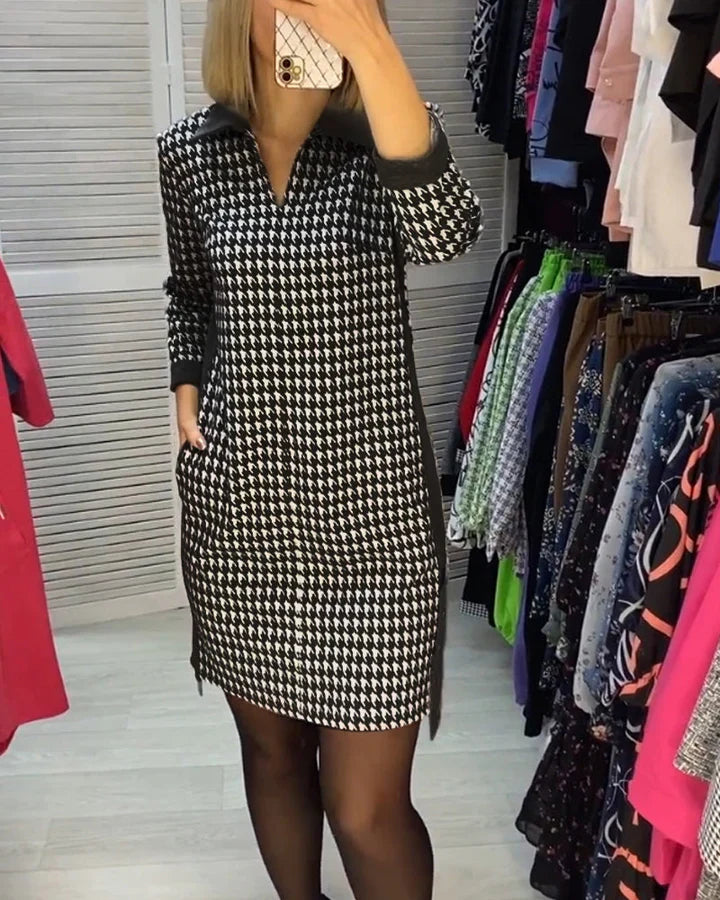 Casual V-hals Houndstooth Print Jurk