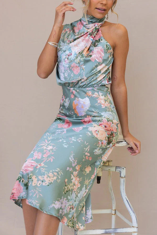 Bloemen Halternek Elastische Taille Midi Feestjurk