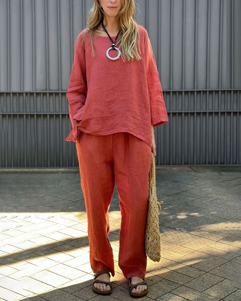 Piper | Katoenen linnen kanten top & broek set